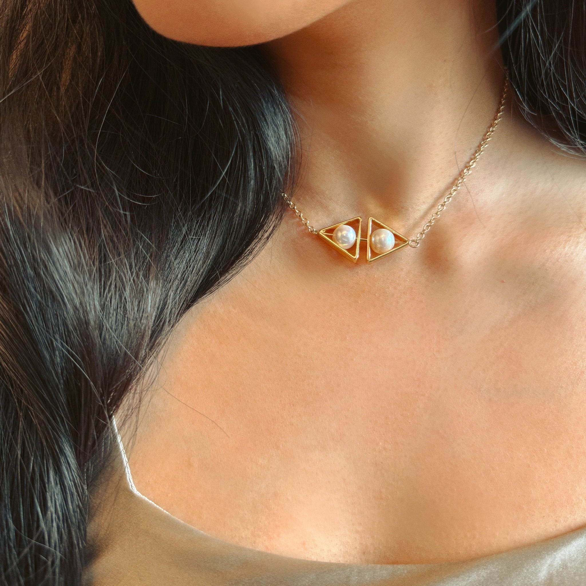 Women's Double Necklace With Pearl Pendant – Gold Plated Stainless Steel Chain – CZ Accents